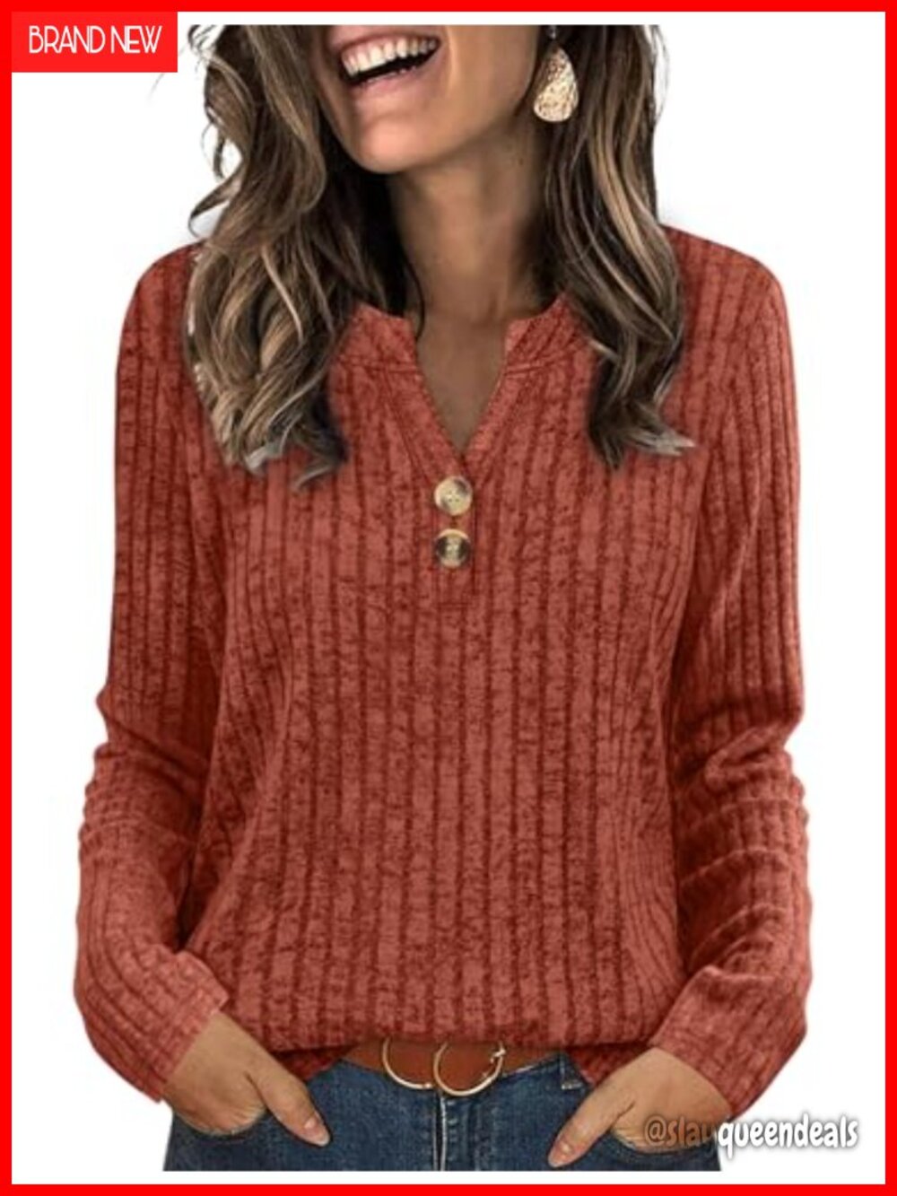 Womens V Neck Button Sweater Long Sleeve Tunic Top Loose Fall Layering Shirt